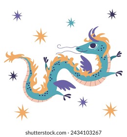 Cute green Chinese dragon. Vector illustration, children's