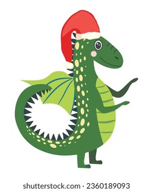 Cute green christmas dragon in santa hat. Year of the Dragon 2024, Chinese calendar.