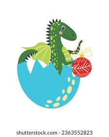 Cute green christmas dragon in santa hat. Year of the Dragon 2024, Chinese calendar.