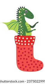 Cute green christmas dragon in santa hat. Year of the Dragon 2024, Chinese calendar.