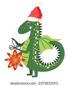 Cute green christmas dragon in santa hat. Year of the Dragon 2024, Chinese calendar.