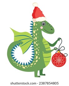 Cute green christmas dragon in santa hat. Year of the Dragon 2024, Chinese calendar.