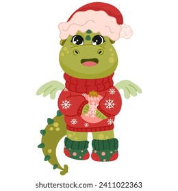 Cute green Christmas dragon in winter hat. Year of the Dragon 2024, Chinese calendar.