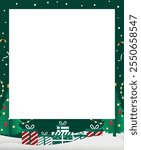 Cute Green Christmas Festive Polaroid-Style Photo Frame Template, Decorated with Xmas Trees, Gifts, and Snow Flat Illustration