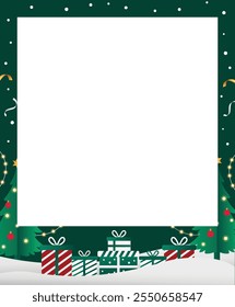 Modelo de quadro de foto de estilo Polaroid festivo de Natal verde bonito, decorado com árvores de Natal, presentes e ilustração plana de neve