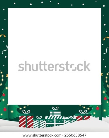 Cute Green Christmas Festive Polaroid-Style Photo Frame Template, Decorated with Xmas Trees, Gifts, and Snow Flat Illustration