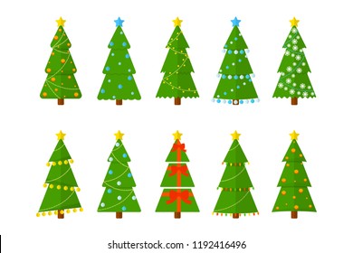 Cute green christmas tree of different shape set. Collection of xmas tree with garland. Greeting card decoration or logo design. Isolated flat vector illustration