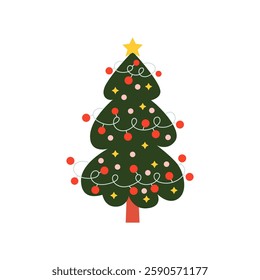 Cute green Christmas tree isolated on a white background, vector illustration. Simple flat design. Christmas decorative element for a card, poster, banner. Vintage and nostalgic