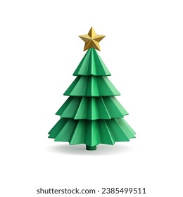 Cute green Christmas tree polygonal Xmas symbol 3d icon realistic vector illustration. Winter holiday traditional spruce with golden star on top decorative plastic toy for festive celebration isolated