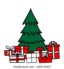 Cute green Christmas tree with red and white gifts, hand drawn vector sketch. Christmas card. Doodle style. Black elements isolated on white background. EPS 10