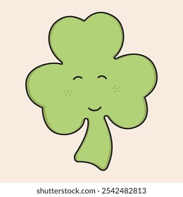 Lindo personaje de trébol verde para niños con ojos, boca y pecas llena de ilustración. Vector editable minimalista listo para ilustrar proyectos educativos y del día de San Patricio, entre otros.