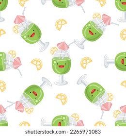 Cute green cocktail  seamless pattern. Vector illustration. Food icon concept. Flat cartoon style.	