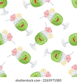 Cute green cocktail  seamless pattern. Vector illustration. Food icon concept. Flat cartoon style.	