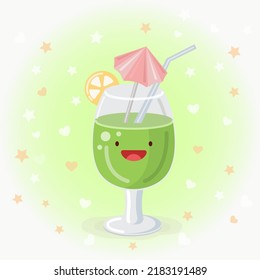 Cute green cocktail vector icon illustration. Sticker cartoon logo. Food icon concept.  Flat cartoon style suitable for web landing page, banner, sticker, background. Kawaii  cocktail.