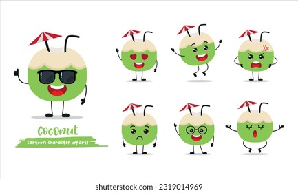 cute green coconut cartoon with many expressions. different activity pose vector illustration flat design set with sunglasses.