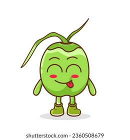 Cute green coconut character is teasing and sticking out his tongue. eyes closed tongue out emoji