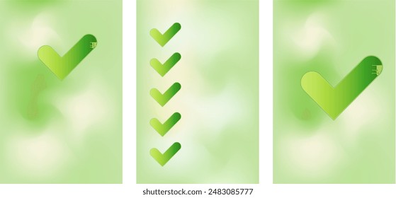 Cute green color check mark or correct icon set. Smooth 3d accept or approved, vote, choice, success poster design, vector perfect for presentation, infographics