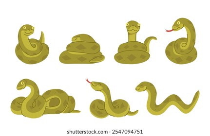 Nette grüne Farbe Snack-Charakter in verschiedenen Position und Aktion sitzen, schlafen, kriechen, Zunge zeigen und zischen Set. Kawaii Reptil Amphibien Tier Tierwelt Symbol Vektorgrafik