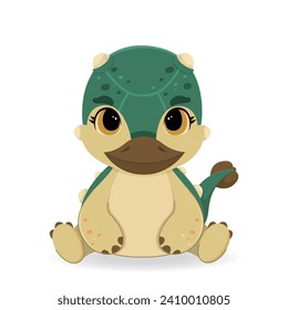 Cute, green, colorful baby dinosaur. Small ankylosaur. Ancient, prehistoric world. Fossil. Vector, bright illustration in cartoon style.