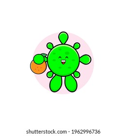 Cute green corona virus vector design carrying oranges