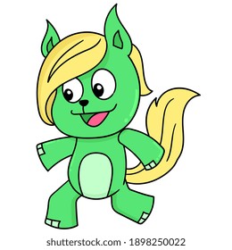 a cute green creature with blonde hair is dancing, doodle draw kawaii. vector illustration art
