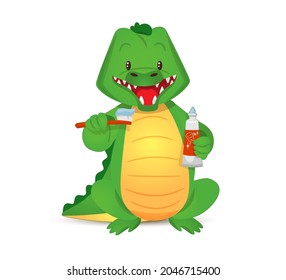 Cute green crocodile brushing teeth holding toothbrush and toothpaste in paws.Vector illustration in cartoon style for children