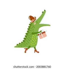 Cute green crocodile carries gift. Funny gator in scandinavian style. Cartoon animal, happy alligator in hat with present in paws. Hand drawn baby vector illustration isolated on white. Flat design