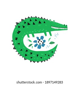 Cute green crocodile hand drawn flat illustration. Adorable tropical wildlife. Funny alligator cartoon character. Exotic african animal isolated on white background. Childish t shirt print design