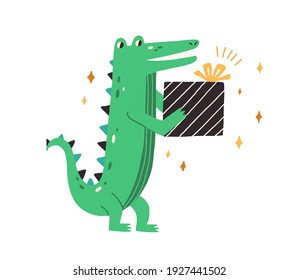 Cute green crocodile holding birthday gift. Baby animal in scandi style. Little smiling gator with present in paws. Colored flat vector illustration isolated on white background