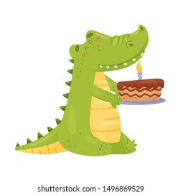 Cute green crocodile holds a cake. Vector illustration on a white background.