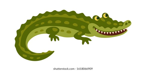 cute green crocodile lying, cunningly smiles