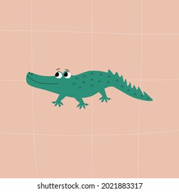 Cute green crocodile on a pink background. Isolated African animals. Funny alligator. Baby character hand drawn vector illustration.