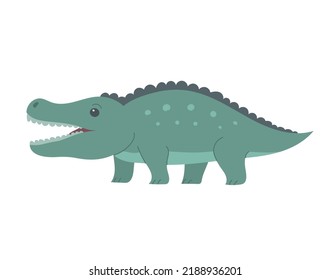 Cute green crocodile with open mouth. Aquatic reptile. Toothy alligator caiman. Animal of Africa. Zoo and fauna. Cartoon character. Flat vector illustration for children isolated on white background