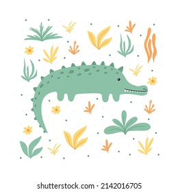 Cute green crocodile with plants. Children's poster with a crocodile. Postcard with aligator. Hand drawn style.Vector illustration.
