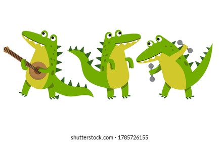 Cute Green Crocodile Playing Balalaika and Doing Physical Exercises Vector Illustration Set