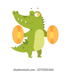 Cute green crocodile playing cymbals vector illustration. Cartoon isolated alligator holding noisy gold percussion instrument to clap and play rhythm of music, talent circus baby animal clapping