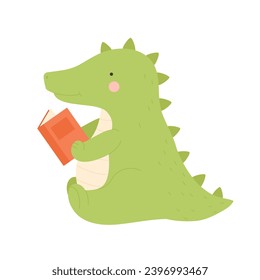 Cute green crocodile reading a story book. Small alligator gaining knowledge cartoon vector illustration