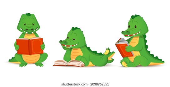 El cocodrilo verde lindo lee un libro interesante, conjunto de figuritas aisladas de caimanes animales. Ilustración vectorial en estilo de dibujos animados para niños, diseño plano