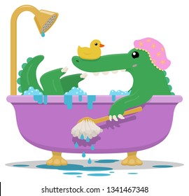 A cute green crocodile with a rubber duck on its nose reclines in a pink bathtub