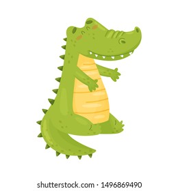 Cute green crocodile is sitting. Vector illustration on a white background.