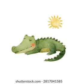 Cute green crocodile sleeping smiling face