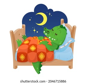 A cute green crocodile sleeps in a bed, covered with a comforter. Vector illustration in cartoon style