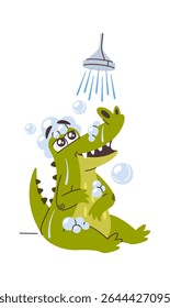 Cute green crocodile taking shower