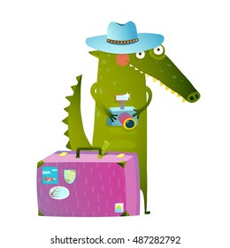 Cute green crocodile tourist with blue hat, suitcase and camera. Funny wildlife. Cartoon characters for children animals greeting cards and other projects. Vector illustration in bright colors