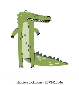 Cute green crocodile vector illustration. Funny alligator hand drawn character. Boho animal isolated on white background. Childish t shirt print design