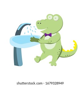 Cute green crocodile is washing his hands under tap in bathroom. Simple rule of hygiene for children in kindergarten, restaurant and public place. Flat illustration with character on white background