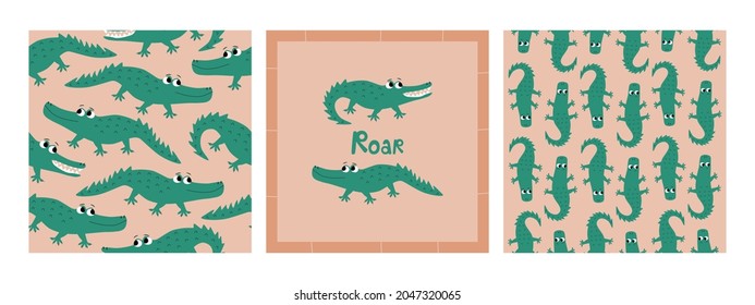 Cute green crocodiles with funny eyes."Roar" hand drawn vector illustration. Isolated alligators on a pink background. Animal baby characters. Set of seamless pattern for children.