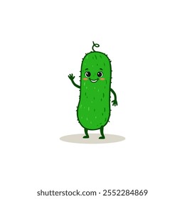 Cute green cucumber, cartoon character. Vegetable illustration. Cucumber in flat style. Food illustration for kids. Vector
