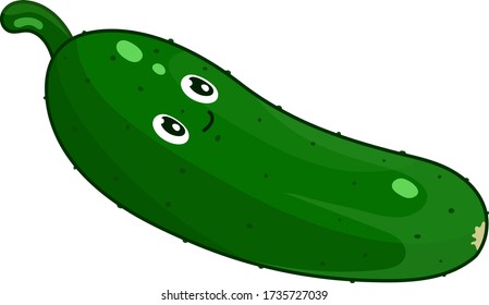 Cute green cucumber, smiling, cartoon style, vector illustration isolated on white background