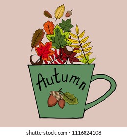 A cute green cup with an acorn that fills the autumn elements, like green, yellow,  red and orange leaves, chestnuts and nuts